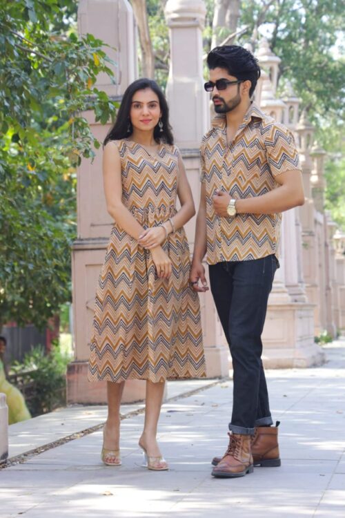 Pure Hand block Zig Zag Printed Cotton Combo of One piece & Half Sleeves Shirt