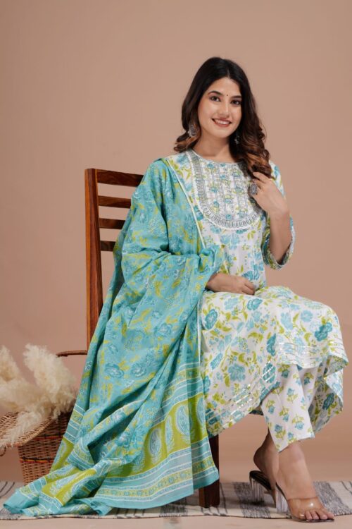 Handblock Printed Cotton Anarkali 3 pieces dress