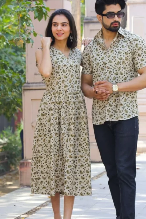 Pure Hand block printed Cotton Combo of One piece & Half Sleeves Shirt -Off White