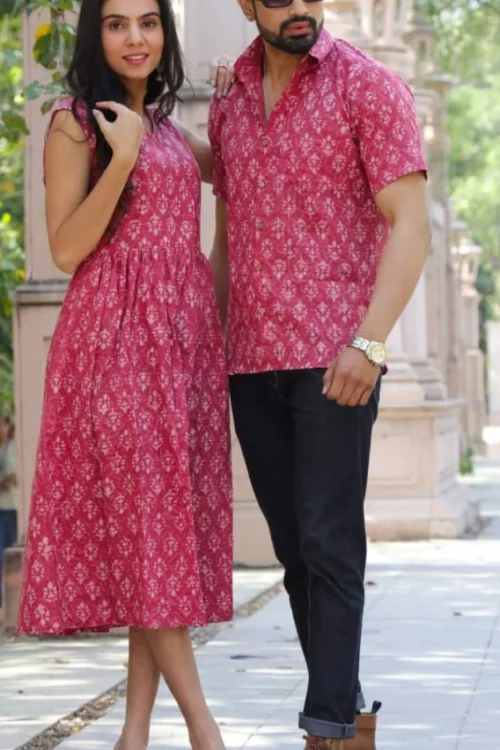 Pure Hand block printed Cotton Combo of One piece & Half Sleeves Shirt -Alluring Pink